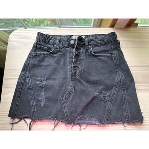 We The Free Free People Black Distressed Denim Mini Skirt Button Fly Size 25